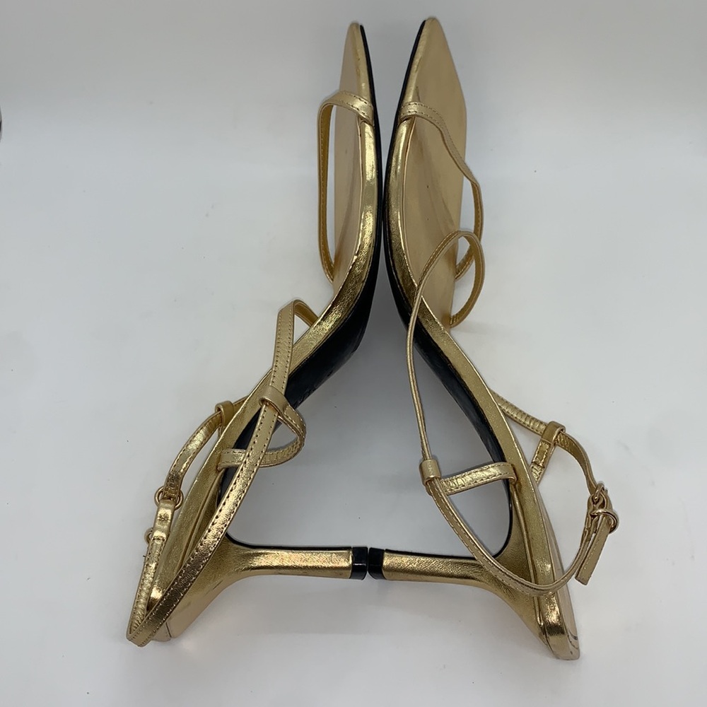 Zara Strap Sandals Gold 42 Kitten Heel Sandals Slip On Square Toe Wedding Prom - Picture 7 of 13